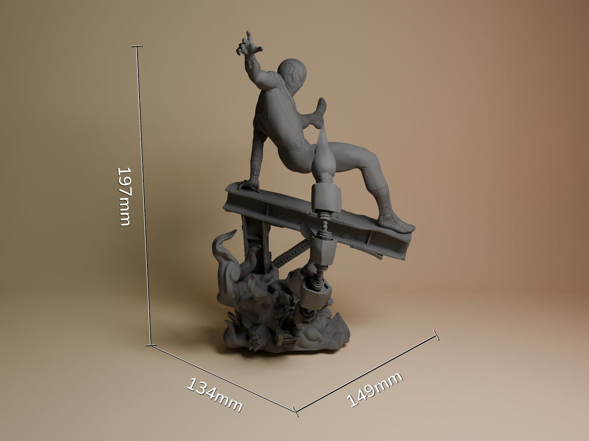 Webbed Guardian Spider-Man resin figure shown at scale with dimensions, dynamic climbing pose on ornate base, unpainted gray finish.