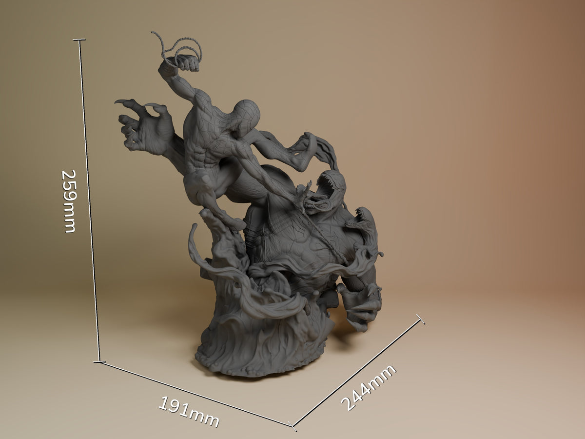 Unpainted gray resin figure of Spider-Man battling a villain on organic base, shown with scale dimensions 259mm tall, 191mm deep, 244mm wide.
