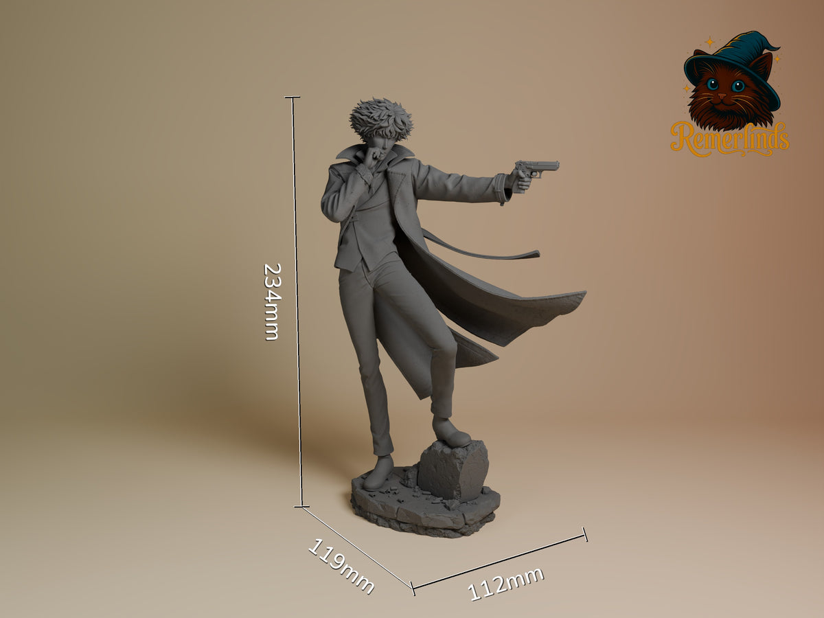 Spike Spiegel resin figure from Cowboy Bebop in dynamic pose with gun drawn and cape billowing, shown unpainted gray with scale dimensions 234mm height, 119x112mm base.