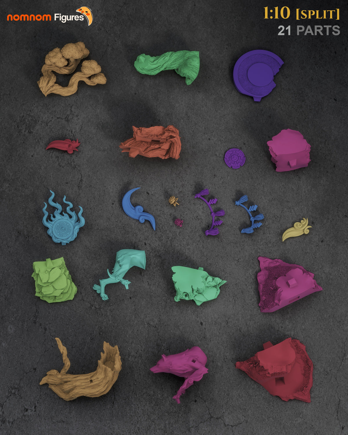 Unpainted resin figure parts for Amaterasu from Okami and sculpted bases are arranged overhead.