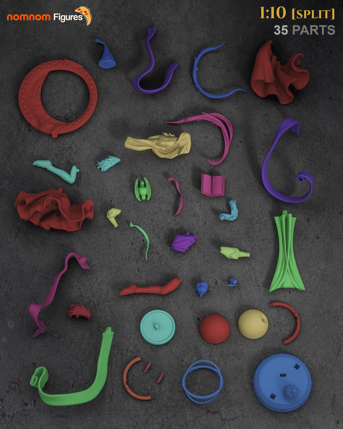 Coco from Witch Hat Atelier resin figure parts are laid out separately, unpainted and viewed from above.