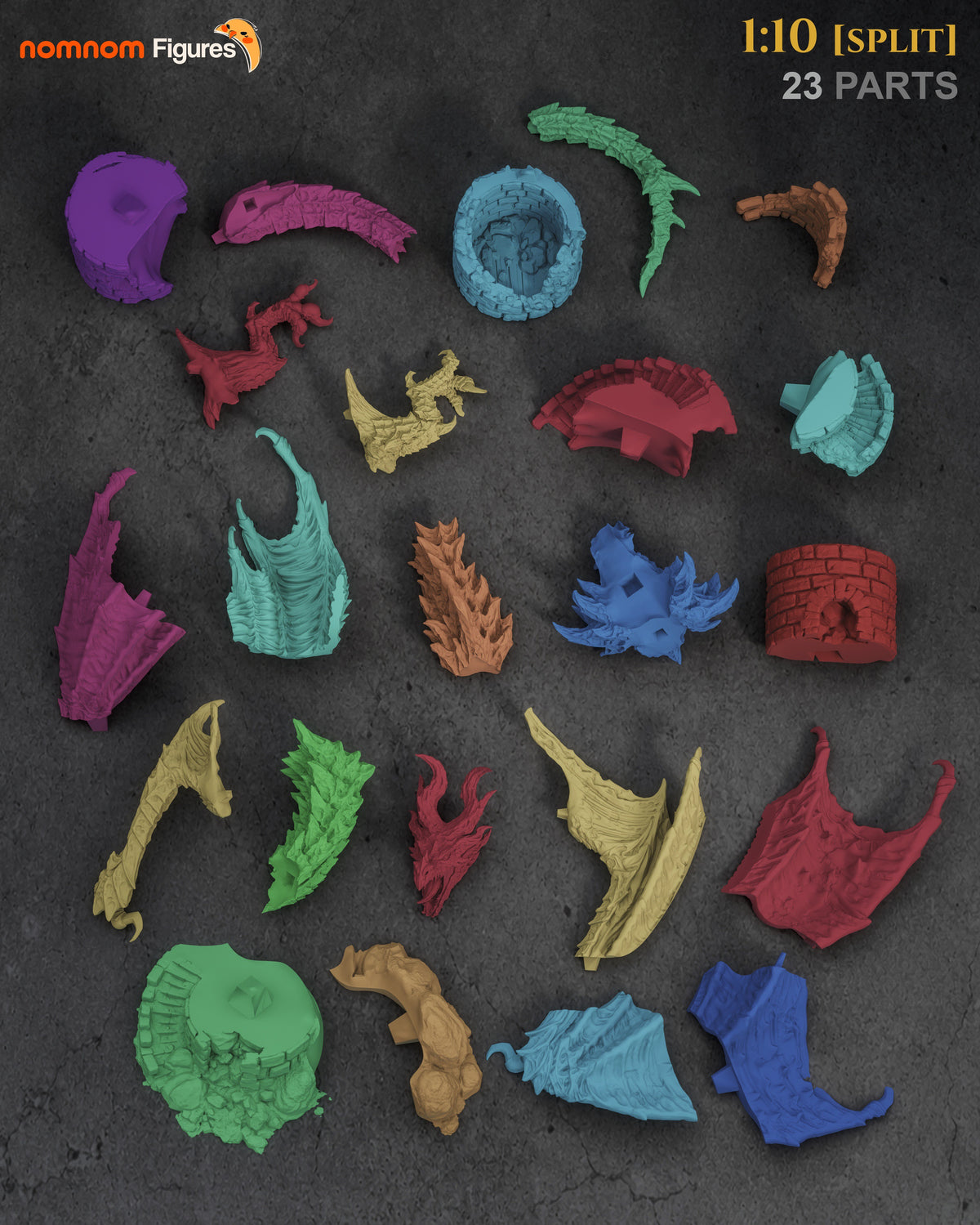 Alduin from Skyrim resin figure parts appear overhead as unpainted sections with sculpted bases.