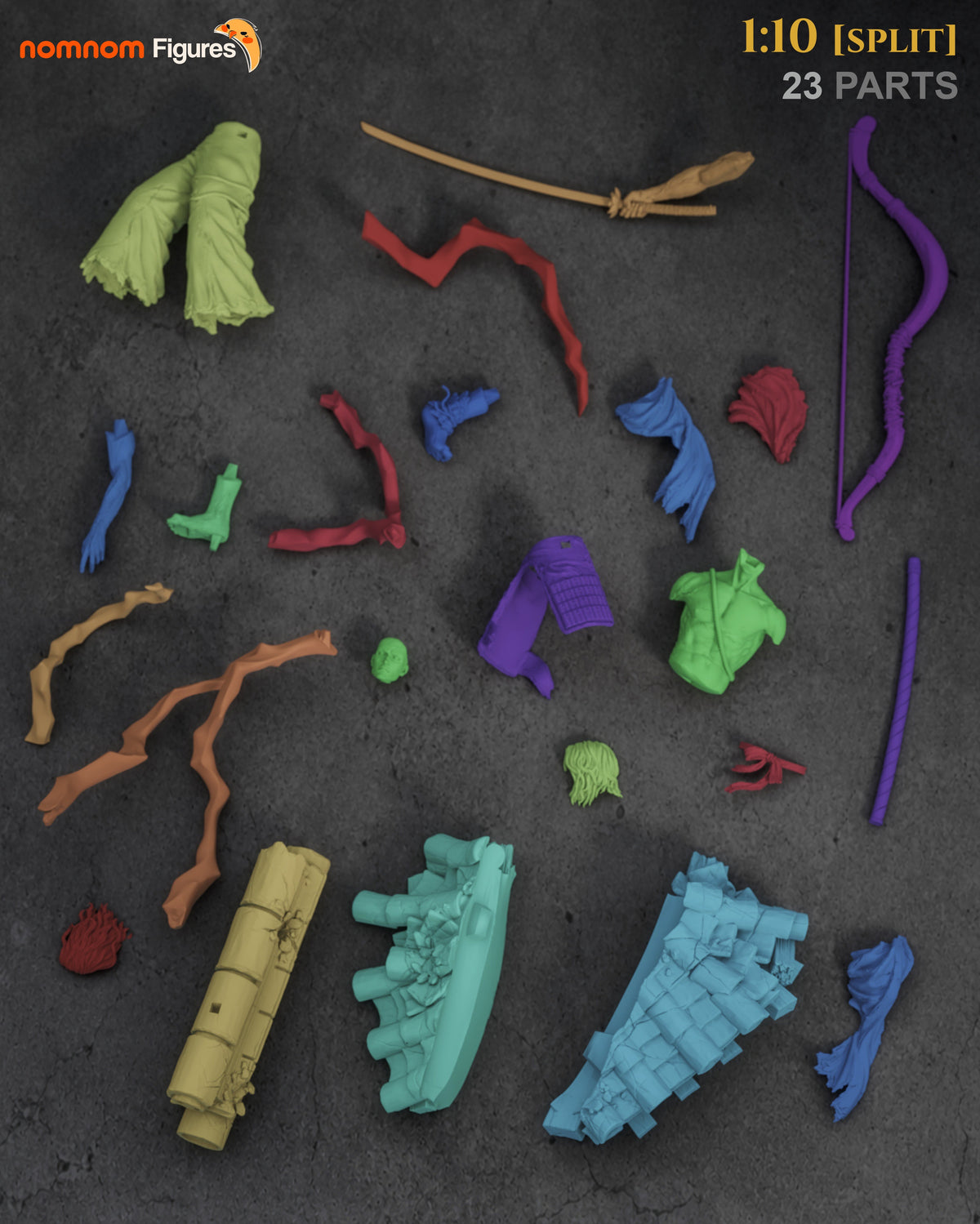 Top-down unpainted resin figure parts for Genichiro Ashina from Sekiro are arranged flat.