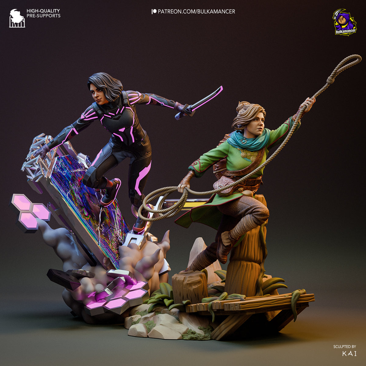 Mio and Zoe from Split Fiction pose dynamically on a sculpted base in a painted resin diorama.