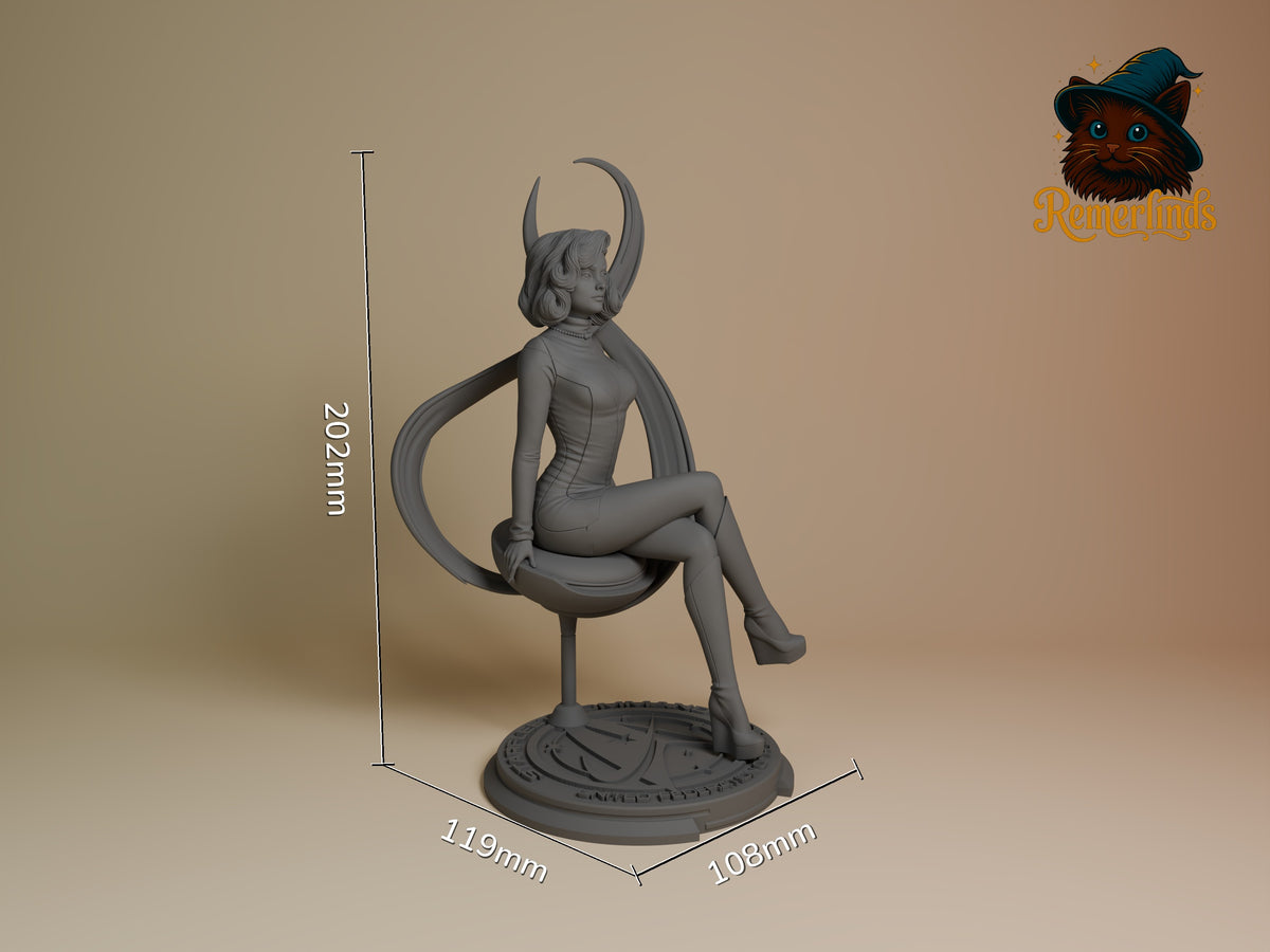 Unpainted gray resin figure of horned female character in seated pose on circular base, shown at 202mm height with dimension scale indicators.