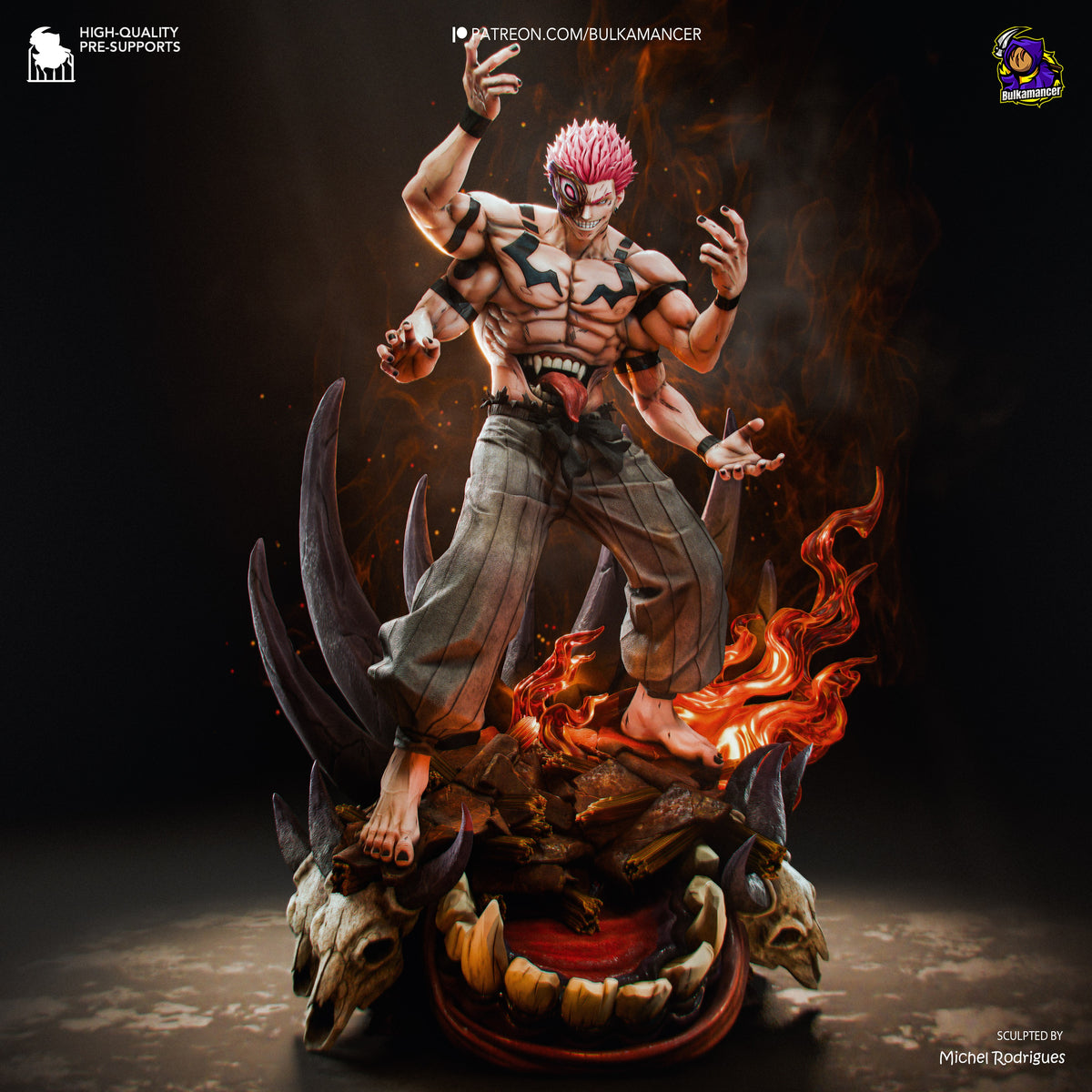 Ryomen Sukuna resin figure in dynamic pose atop detailed demon skull base with flames, pink hair and muscular torso painted, bare feet, arms raised expressively.
