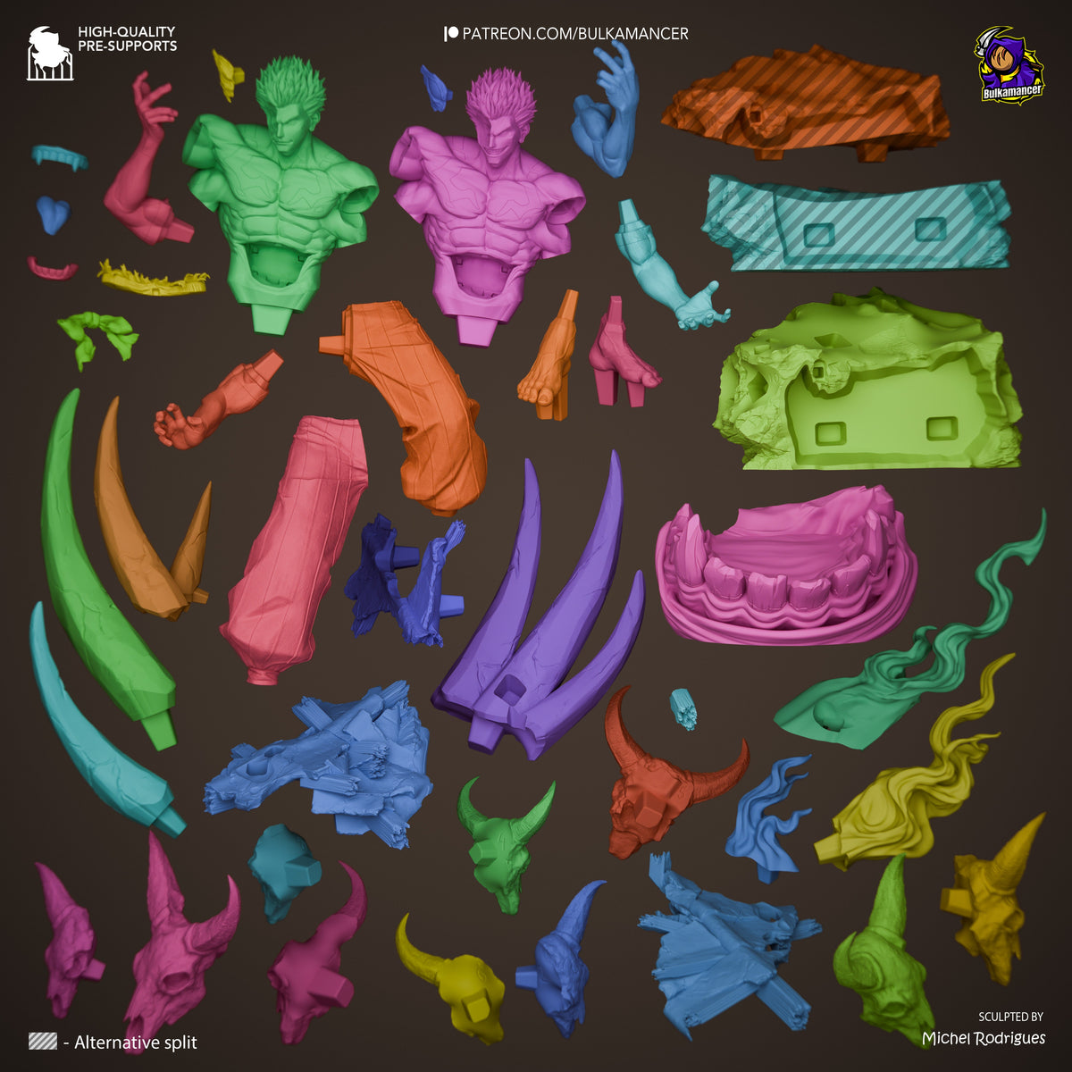 Colorful 3D printed resin figure parts for Ryomen Sukuna from Jujutsu Kaisen, including muscular torso busts, limbs, weapons, horns, and accessories in green, pink, orange, blue, and purple.
