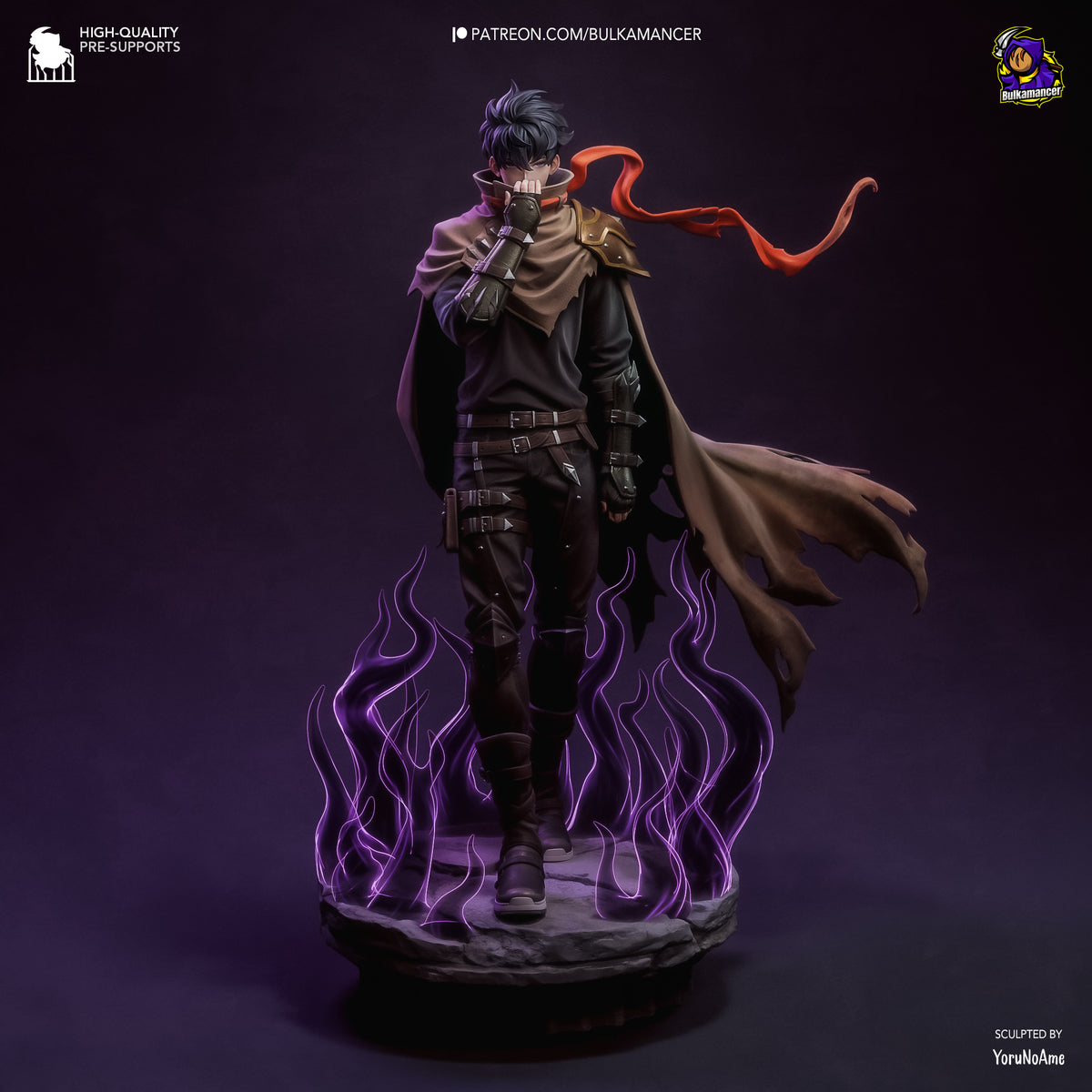 Sung Jin-Woo resin figure in dynamic pose with purple magical aura, flowing cape, and detailed painted armor on circular base.