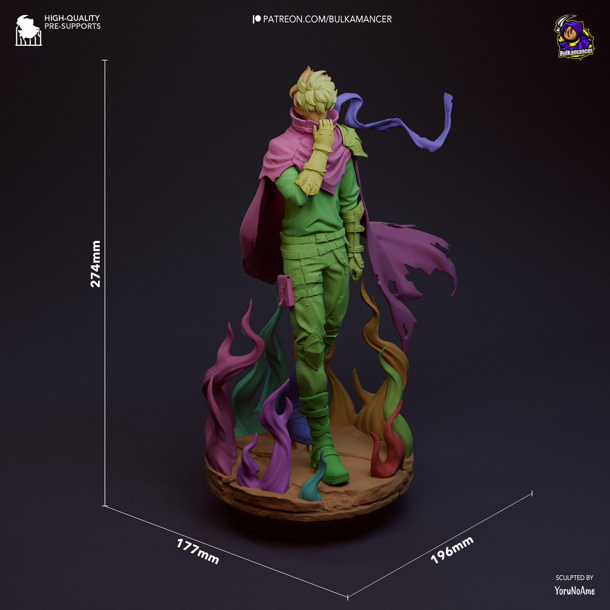 Sung Jin-Woo resin figure with scale reference showing 274mm height, painted in green and pink with purple flame base details, viewed from back-left angle.
