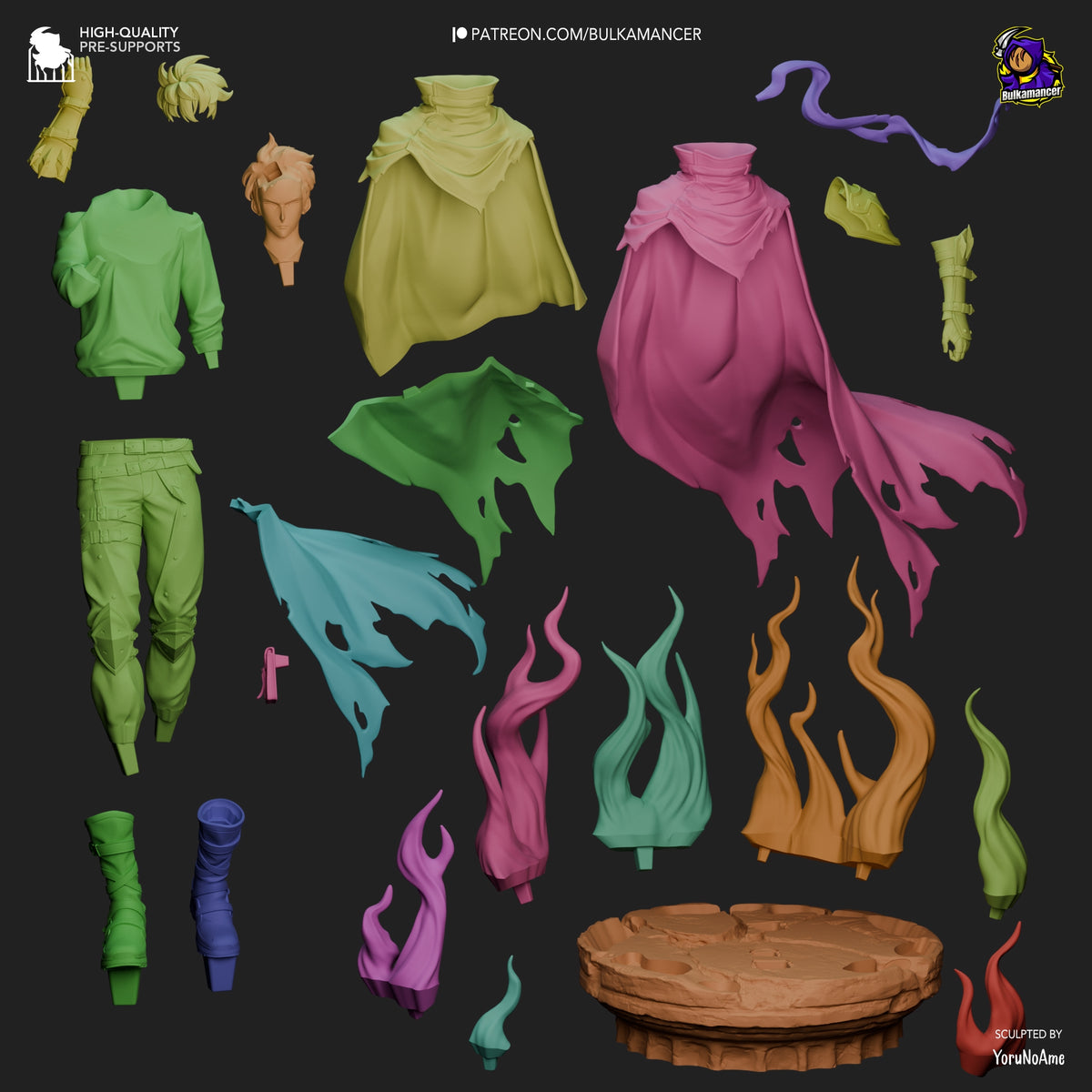 Sung Jin-Woo resin figure parts display: clothing, hair, hands, magical effects, and base components arranged against dark background.