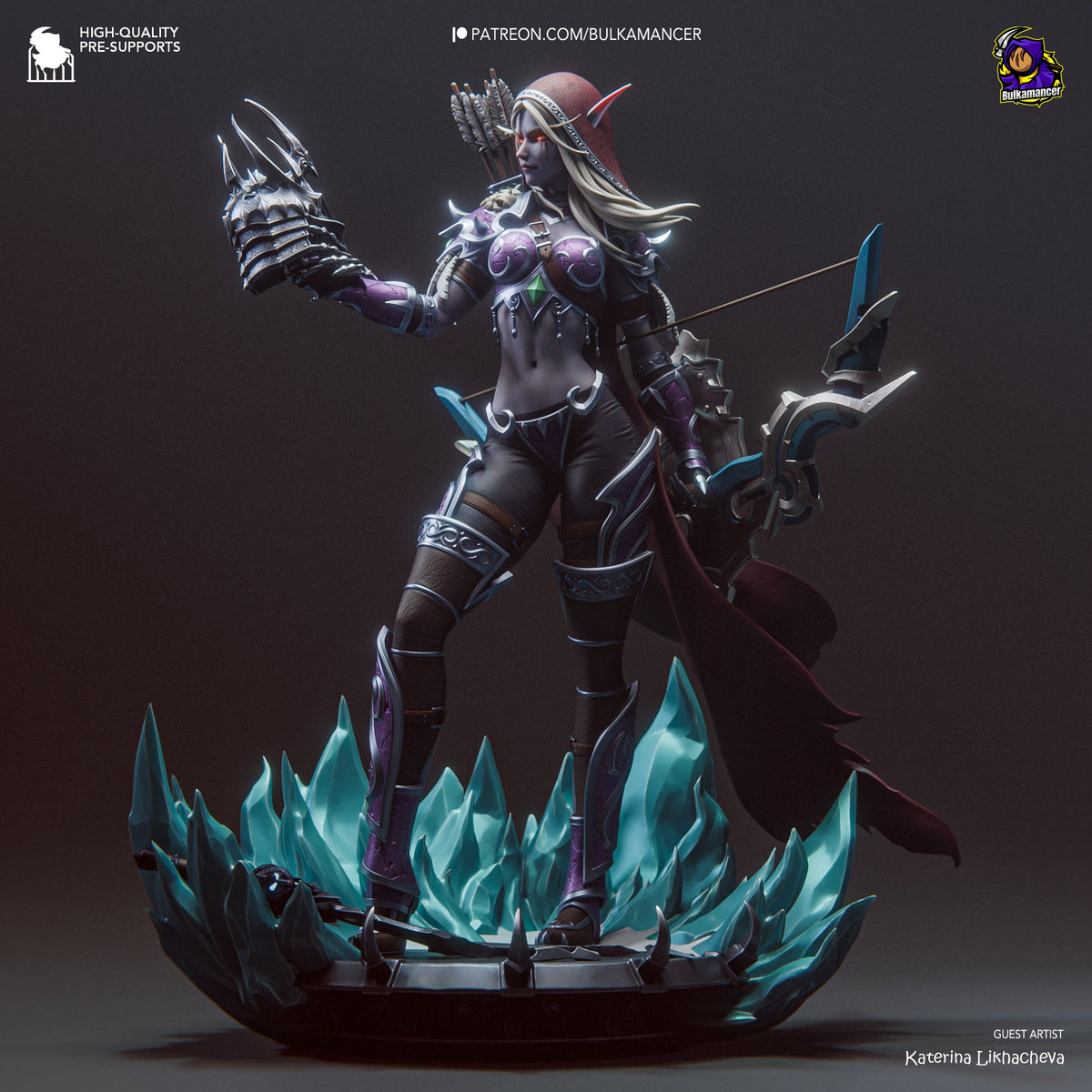 Sylvanas Windrunner resin figure in dynamic pose with dual daggers raised, intricate armor details, glowing cyan crystal base, professional painted finish.