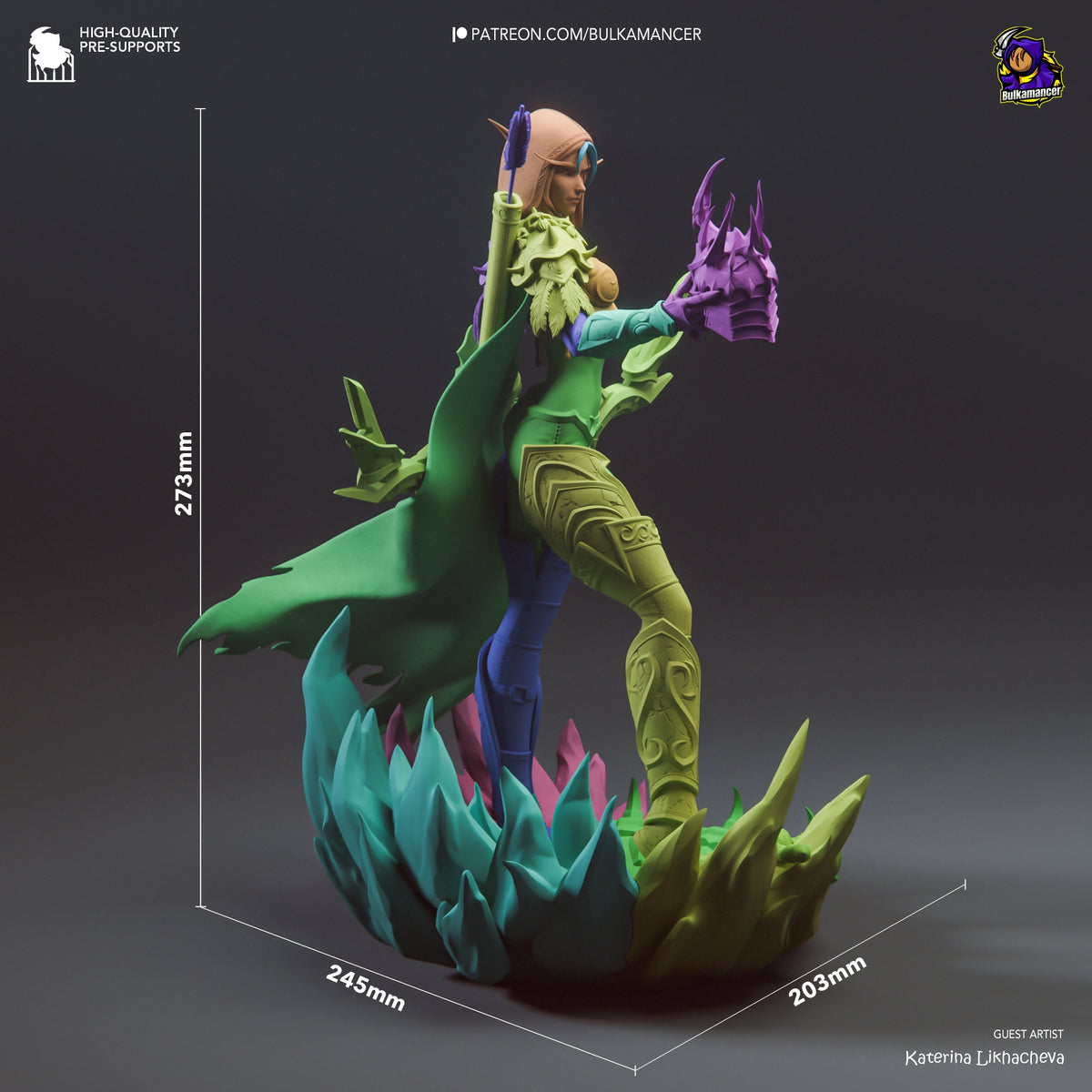Sylvanas Windrunner resin figure shown at 273mm height with dynamic pose, vibrant paint detail, and ornate base featuring crystalline spikes.