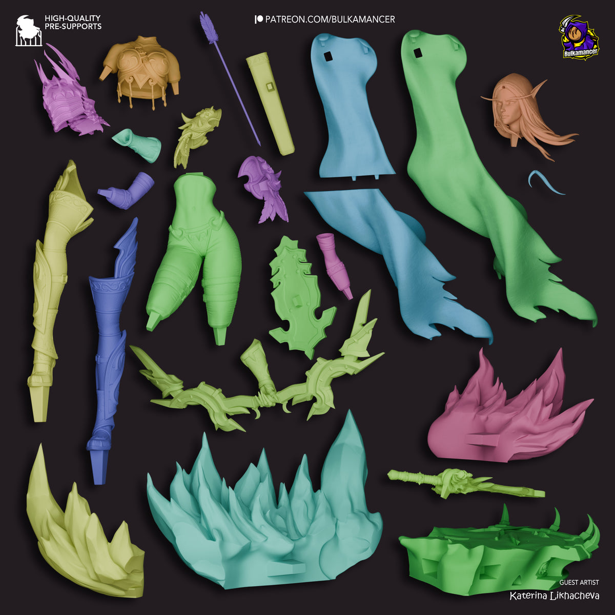 Sylvanas Windrunner resin figure parts laid out on black background, showing unpainted and painted components including body, limbs, accessories, and decorative elements.