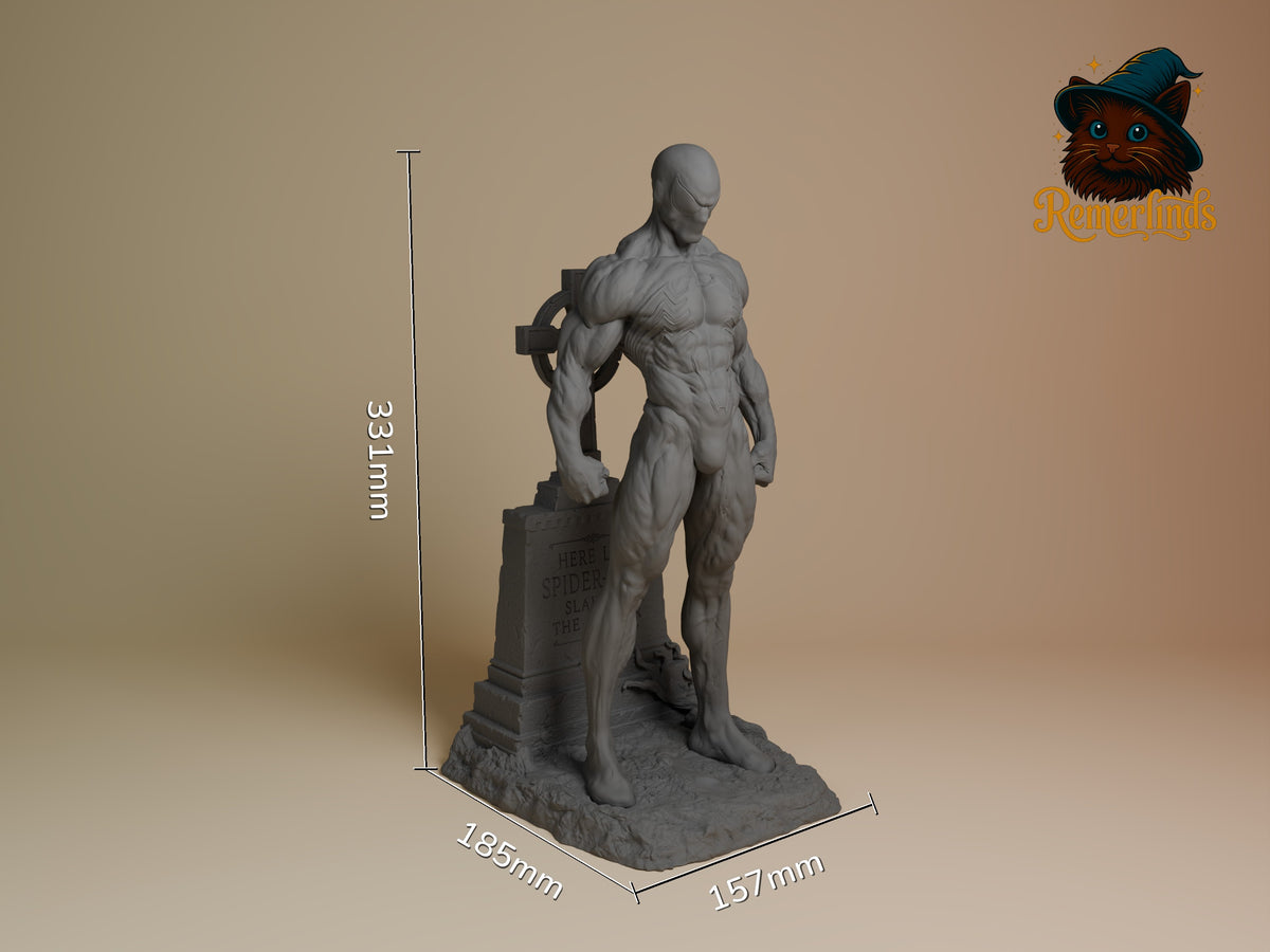 Unpainted grey resin Venom figure standing on base with axe, shown at 331mm height with dimension markers for scale reference.