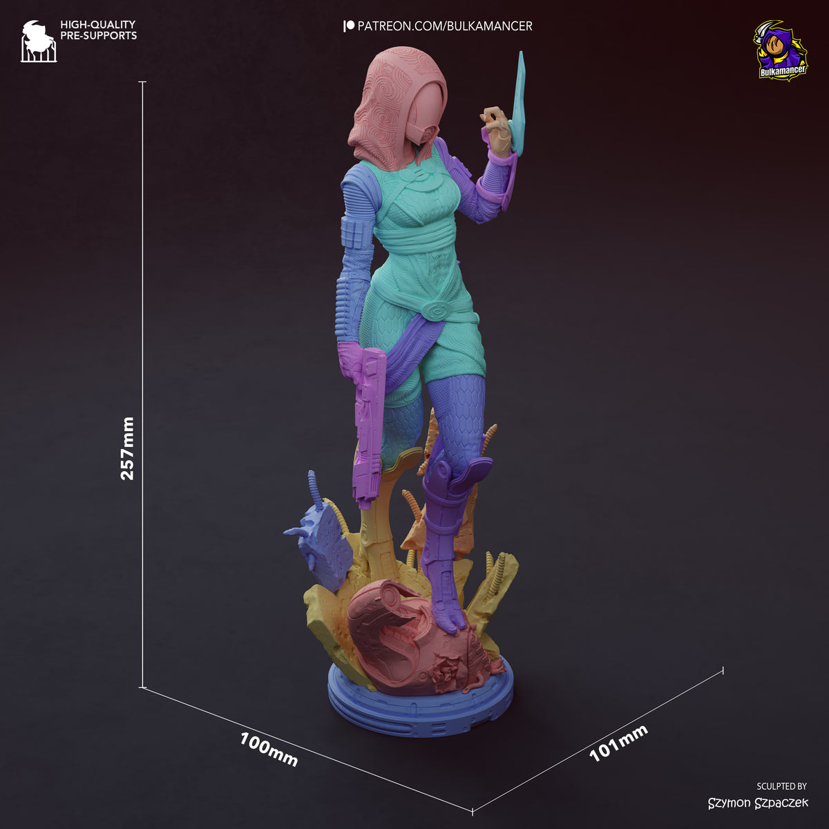 Tali'Zorah Vas Normandy from Mass Effect stands unpainted in three-quarter view on a sculpted base as a resin figure.