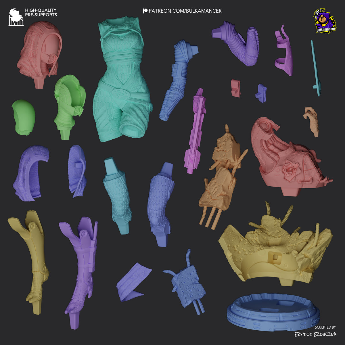 Unpainted parts and a sculpted base for a Tali'Zorah Vas Normandy resin figure from Mass Effect are arranged flat.