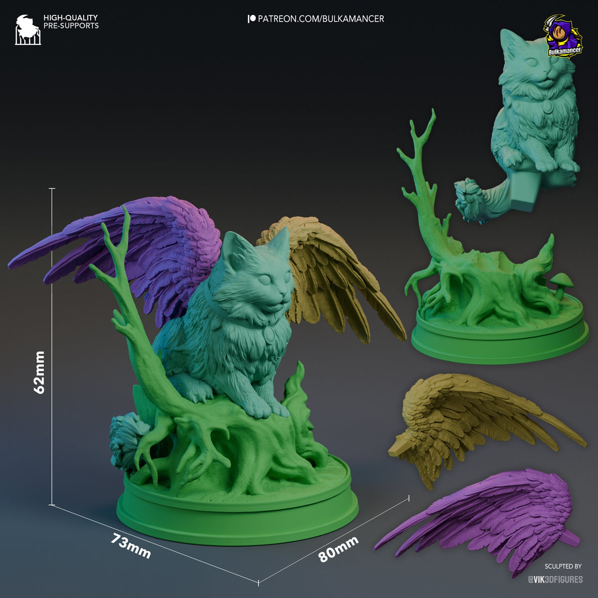 Tara resin Chibi figure with painted cat and wings, unpainted base parts, shown at 62mm scale with separate wing and base components displayed.