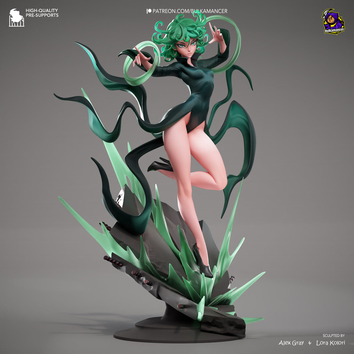 Tatsumaki resin figure in dynamic kneeling pose with green hair and tentacles, black bodysuit, detailed painted base, frontal beauty shot angle.