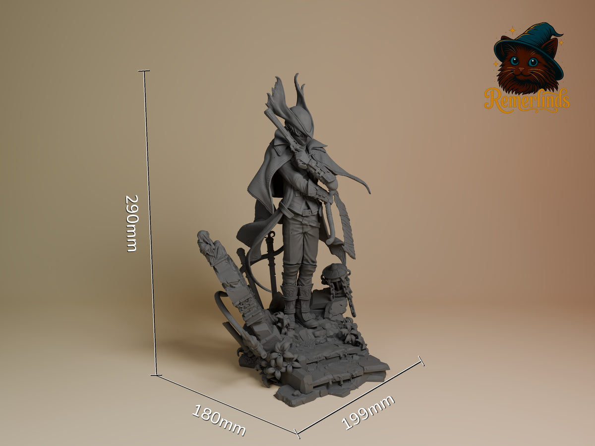 Shadow Tracker from Gothic Hunt is an unpainted resin figure standing on a sculpted base with scale dimensions shown.