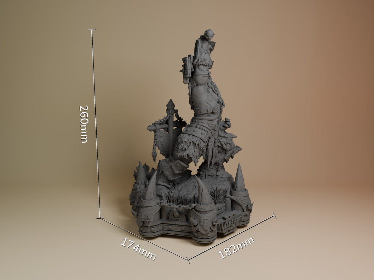 Unpainted gray resin figure of Thrall from World of Warcraft shown at scale with dimensions 260mm height, 174mm width, 182mm depth, displaying ornate fantasy base and armored character.
