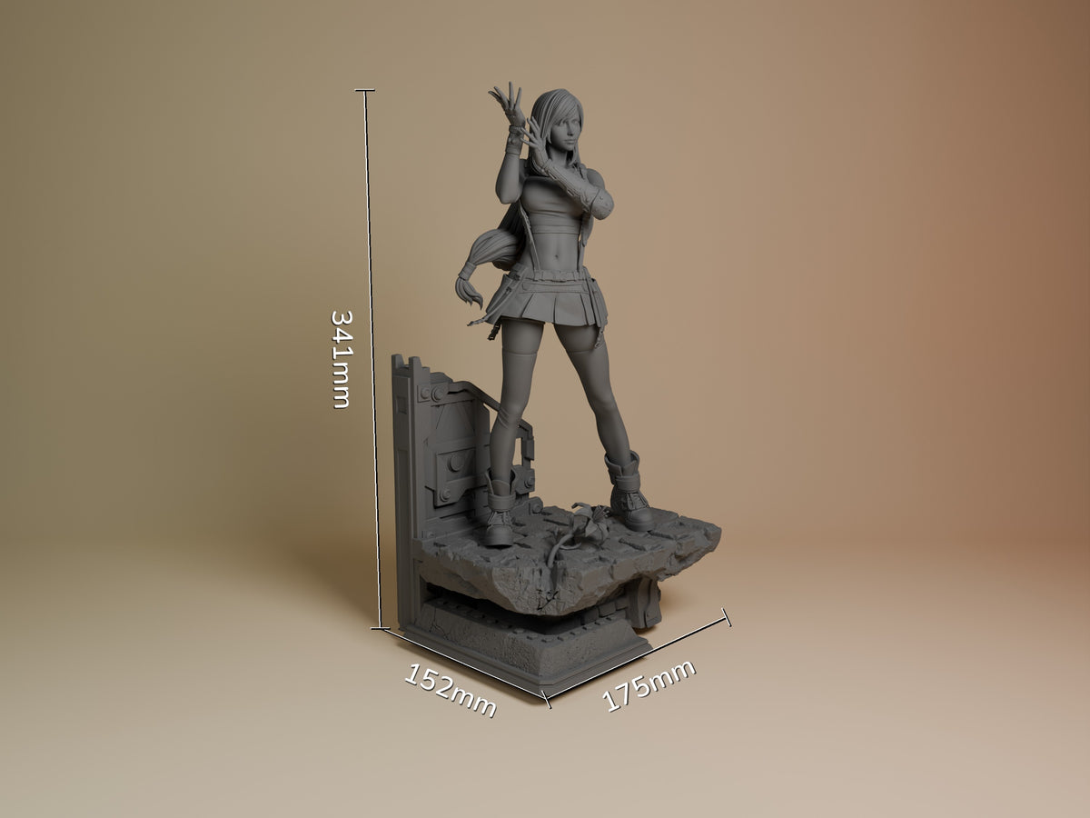 Tifa Lockhart resin figure from Final Fantasy shown at scale (341×152×175mm), unpainted gray resin, dynamic pose with staff on detailed base.