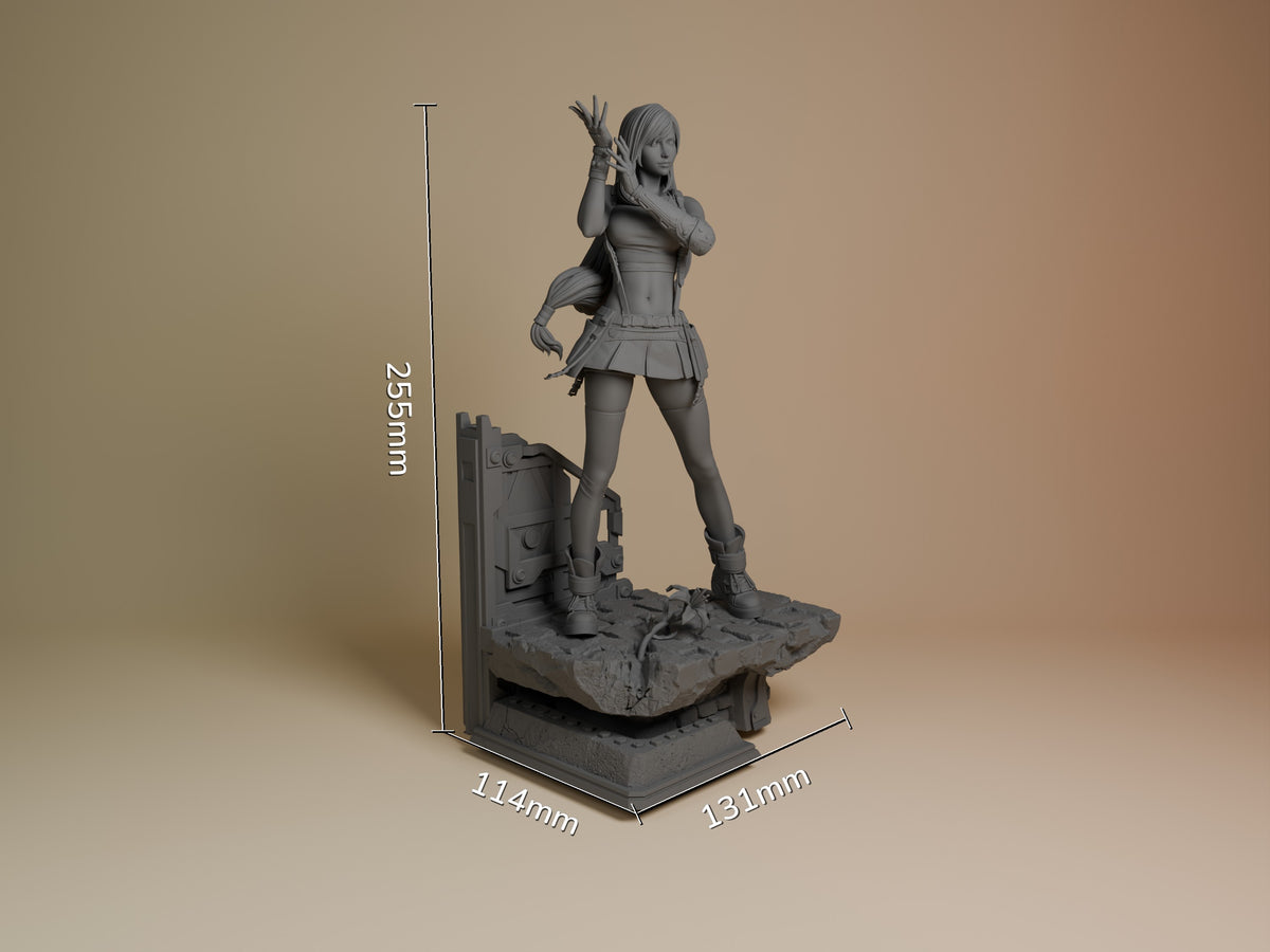 Tifa Lockhart resin figure shown at 255mm height with 114x131mm base, unpainted gray prototype in dynamic standing pose with staff.