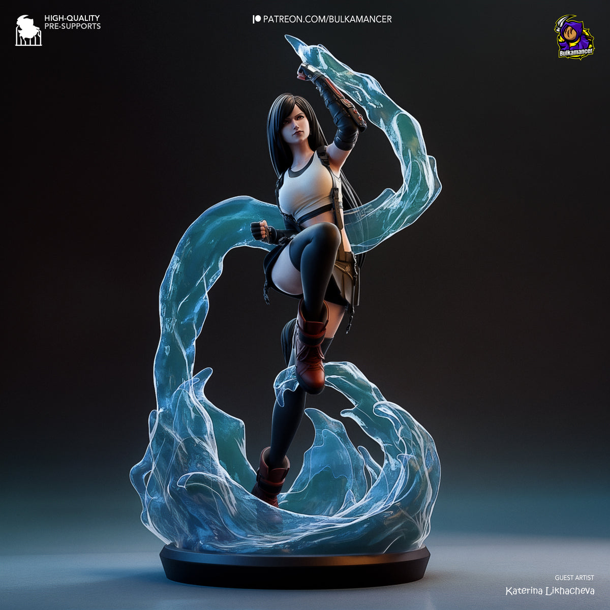 Tifa Lockhart resin figure in dynamic pose with glowing blue water effects, mounted on black base, detailed paint work and sculpted flowing fabric details.
