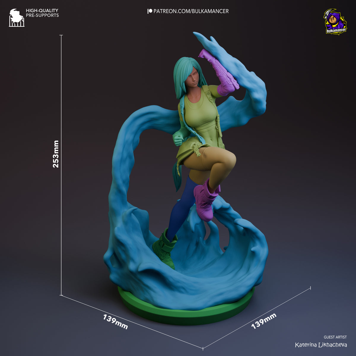 Tifa Lockhart resin figure shown at 253mm height with dynamic pose on blue wave base, turquoise hair and painted details visible from angled front view.