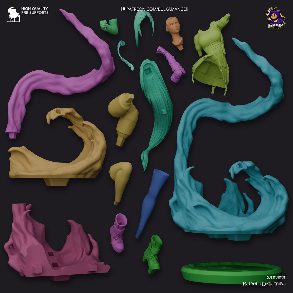 Tifa Lockhart resin figure parts display showing painted limbs, clothing pieces, hair, and translucent effect elements in various colors arranged on black background.
