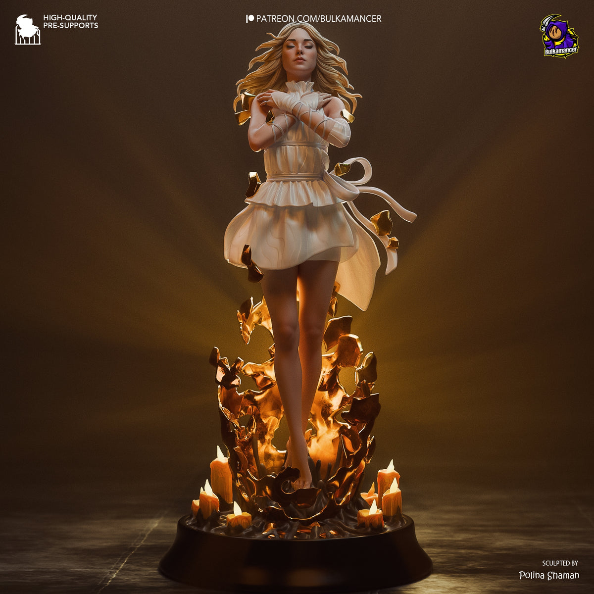 Tomorrow resin figure posed standing on flaming base, wearing cream dress with gold accents, blonde hair flowing, sculpted by Polina Shamah for Death Stranding.