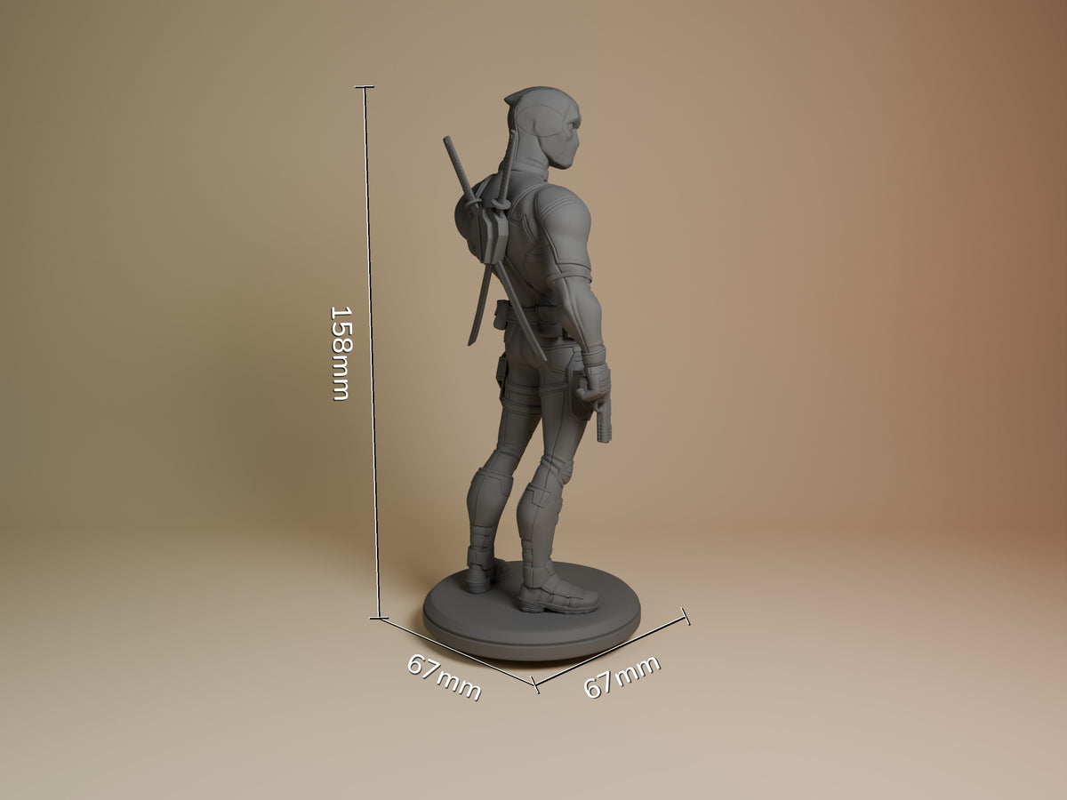 Gray resin figure of armed warrior standing on circular base, shown in side profile with scale measurements of 158mm height and 67mm base diameter.