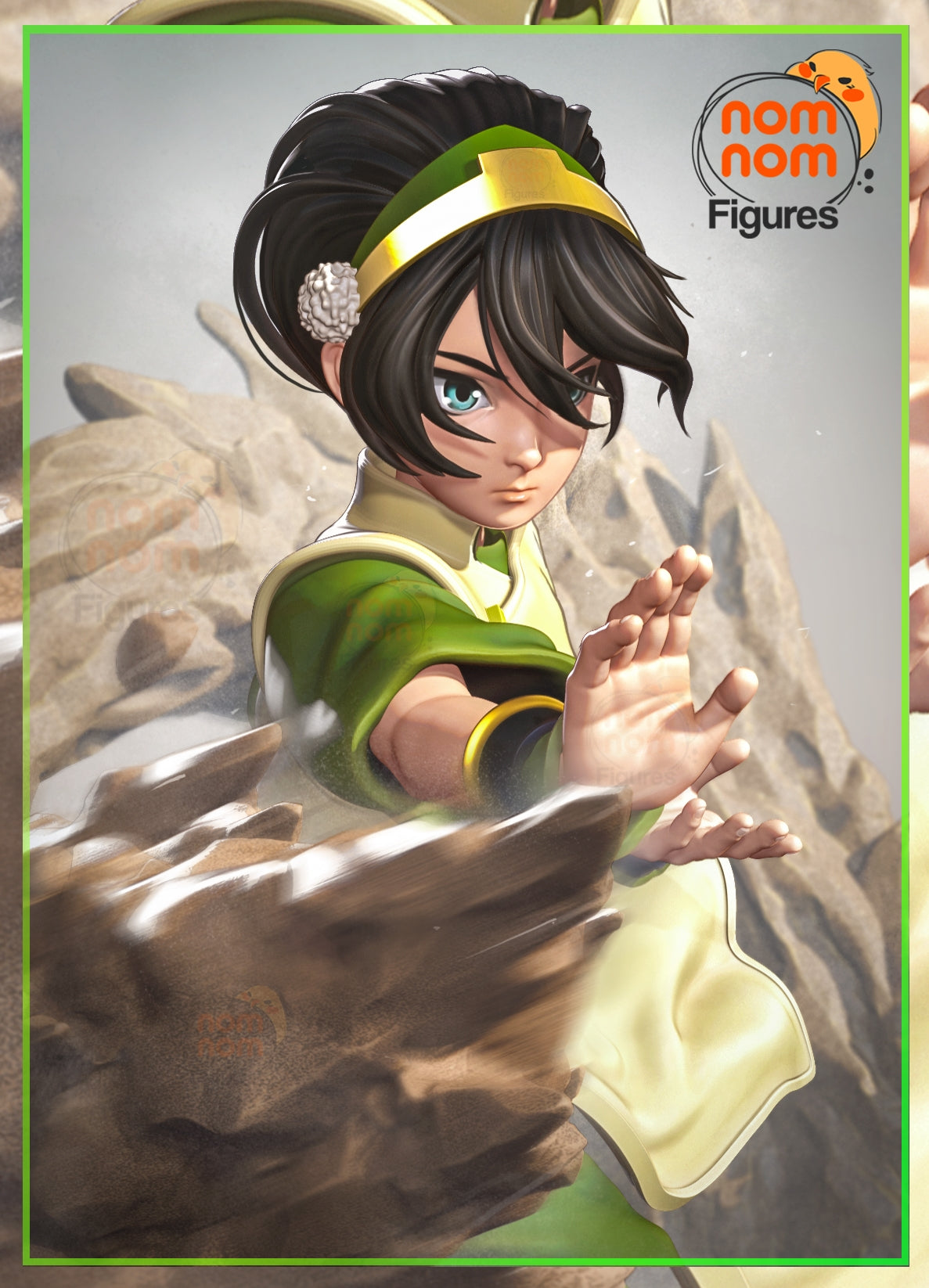 Painted resin figure of Toph from Avatar: The Last Airbender with raised hands on a rocky base.