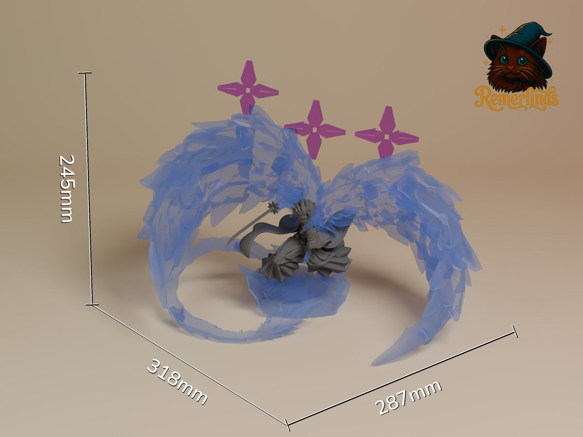 Toshiro resin figure displayed at scale with dimensions 245mm height, 318mm depth, 287mm width, showing unpainted blue wings and painted dark torso on base.