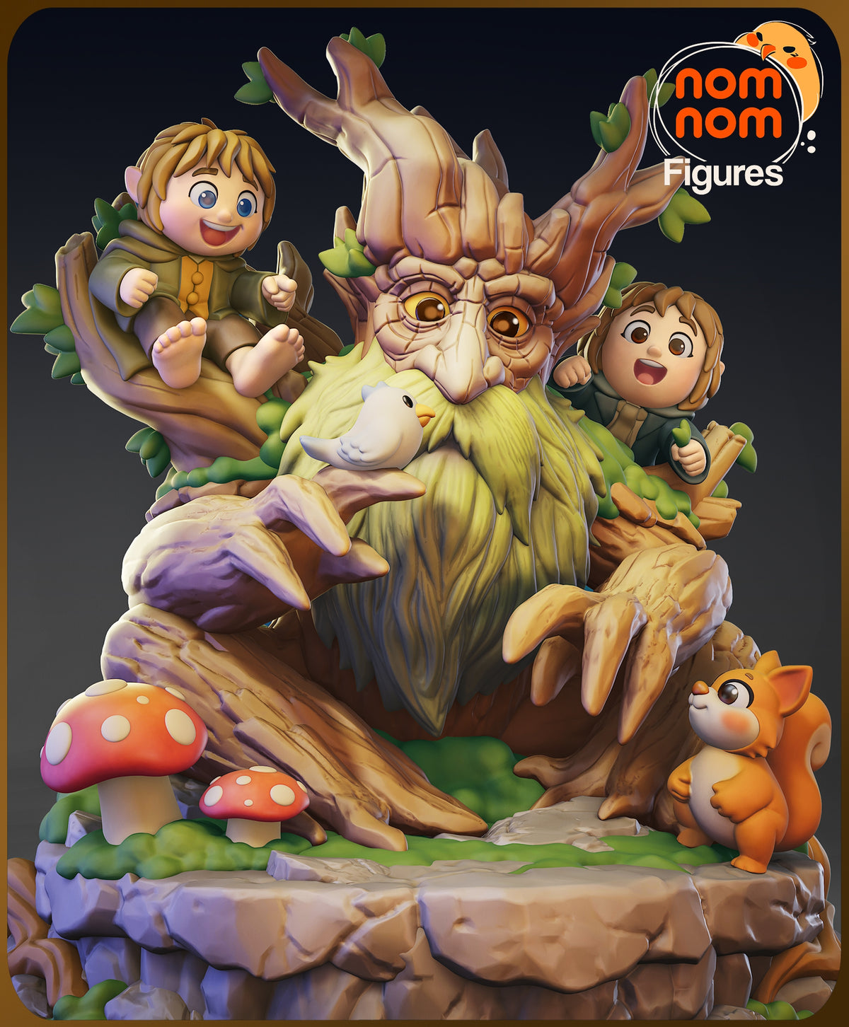 Front-view painted resin Chibi figure of Tree Beard from Lord of the Rings on a sculpted base.