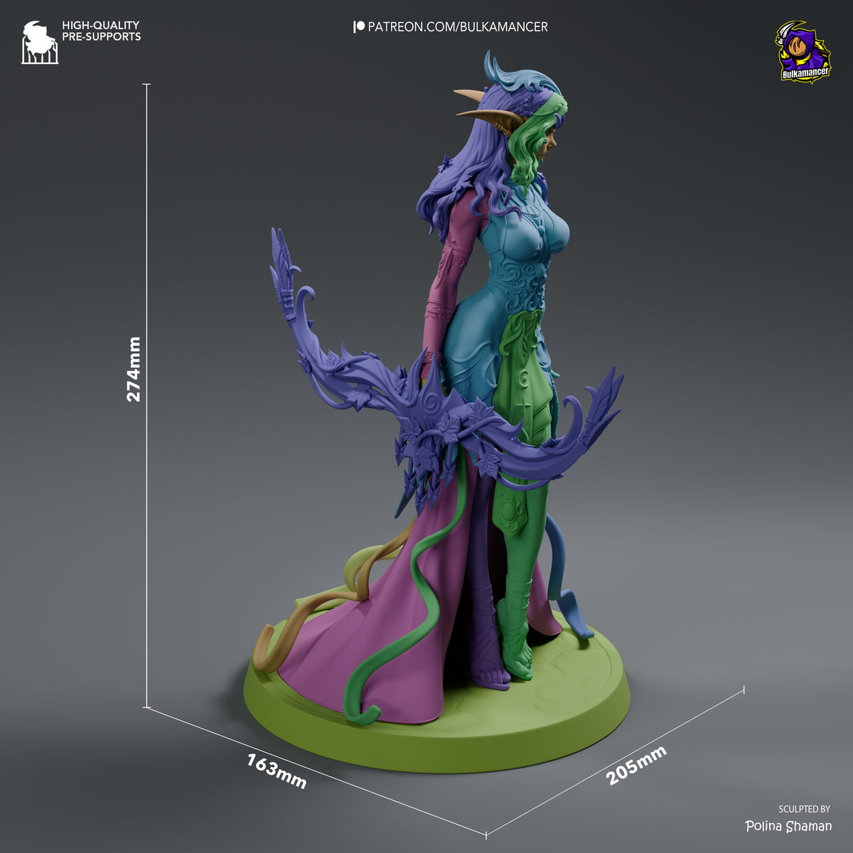 Tyrande resin figure shown at 274mm height from side angle, displaying painted details in purple, green, and pink tones on lime base with scale reference.