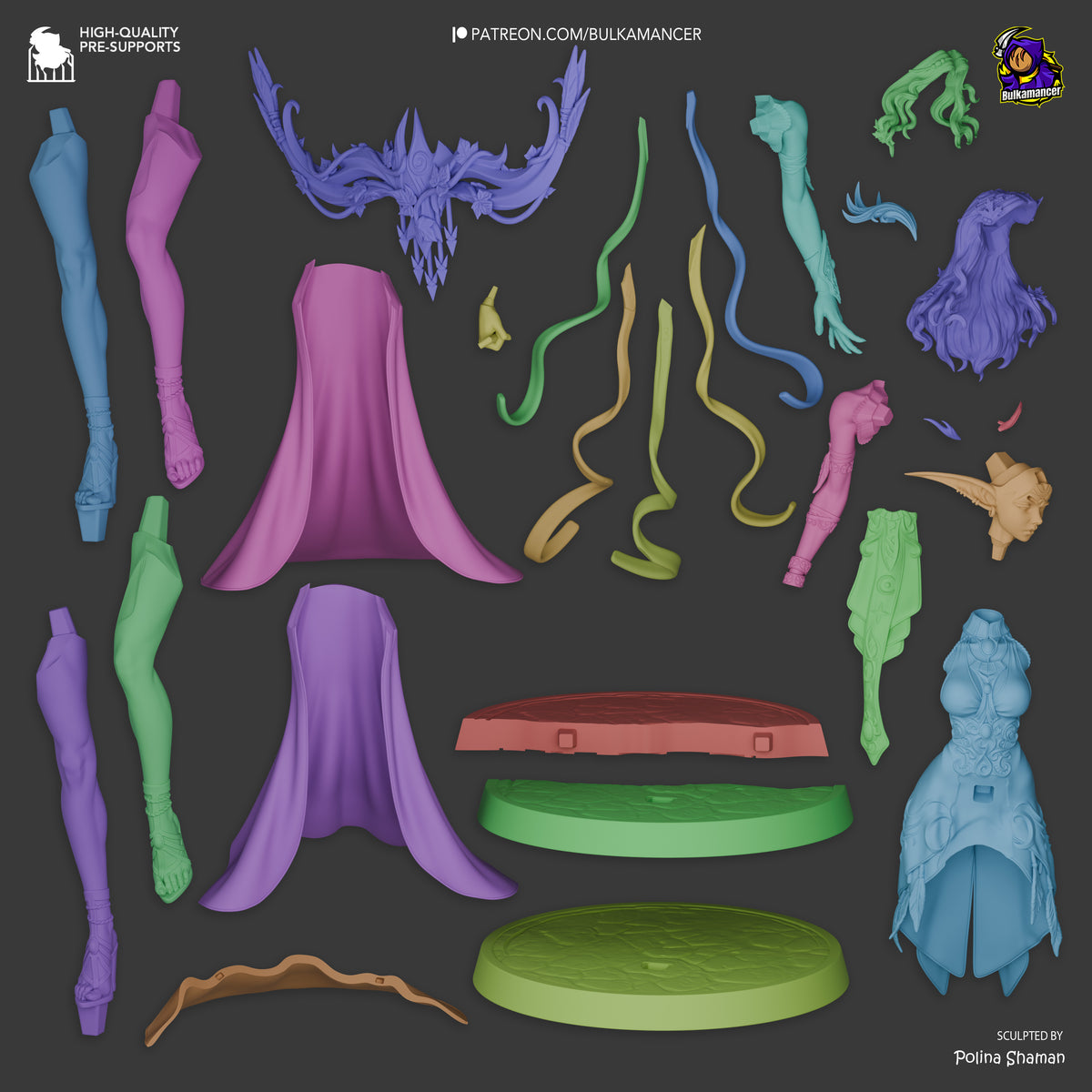 Tyrande resin figure parts laid out including painted legs, torso, tentacle hair, skull crown, various appendages, and display bases in purple, green, and blue tones.