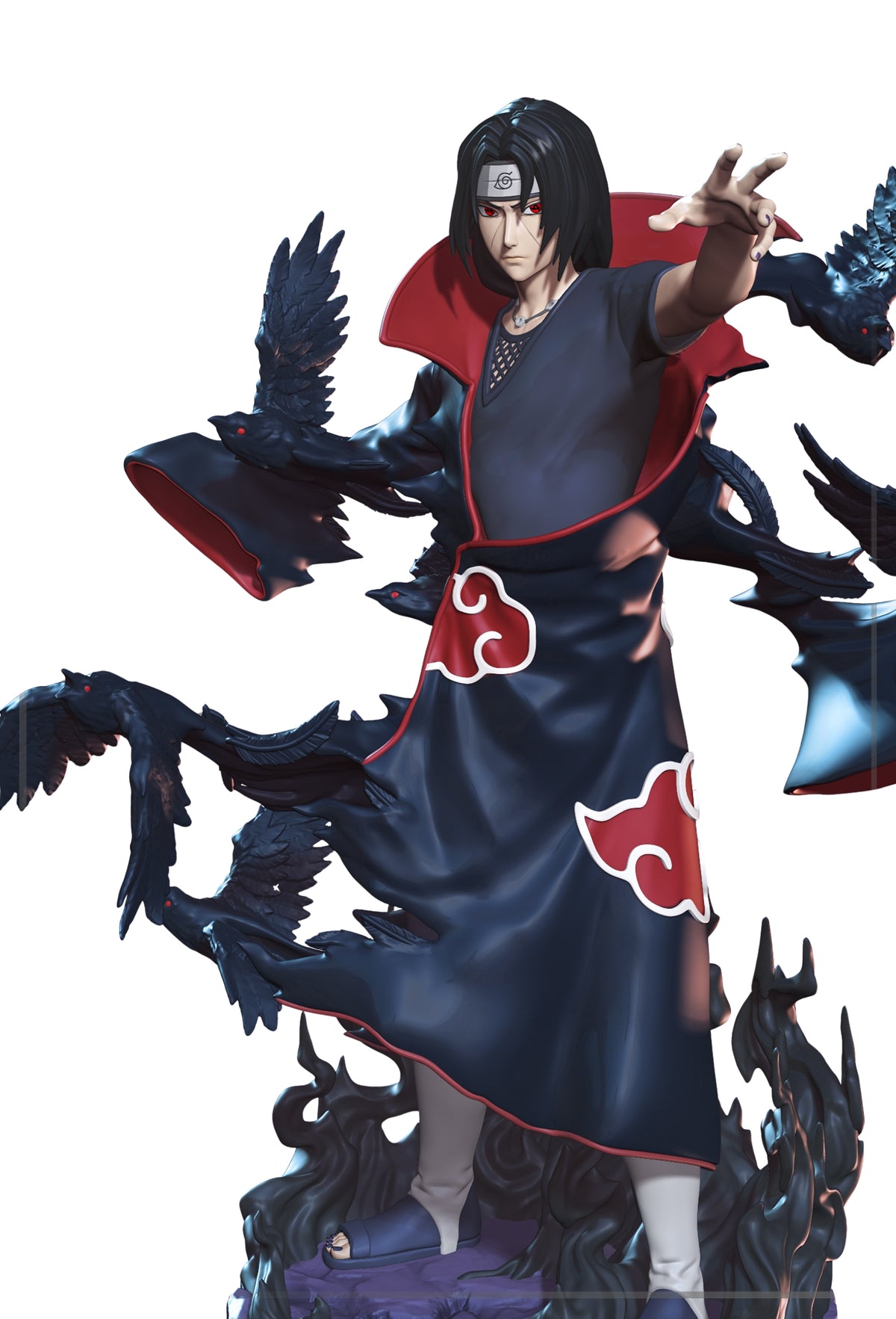 A three-quarter view of Cloaked Ninja from Ninja Anime, a painted resin figure reaching forward with ravens on a sculpted ba.