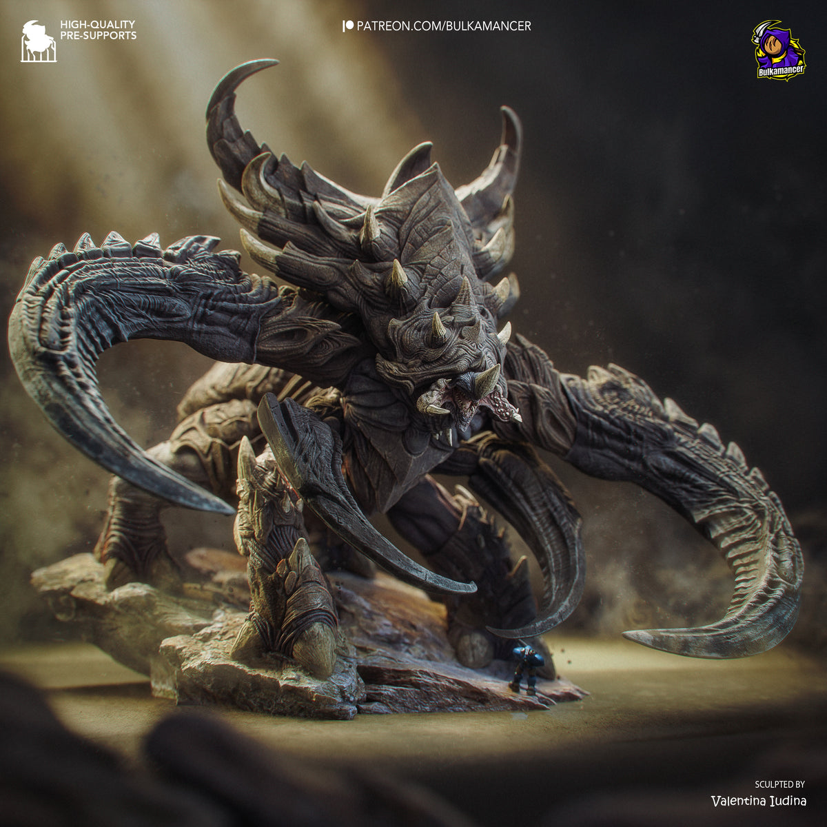 Ultralisk resin figure from Starcraft II sculpted by Valentina Judina, showing detailed painted carapace and curved spikes in dynamic pose on rocky base.