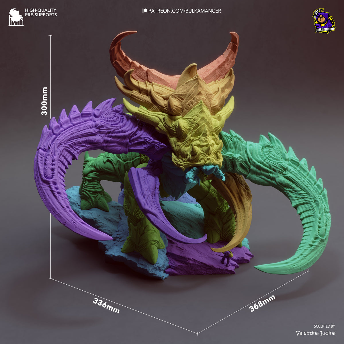 Ultralisk resin figure from Starcraft II shown at 300mm height, displaying multi-colored segmented body with curved purple claws, yellow-gold armor plating, and green appendages on gray base.