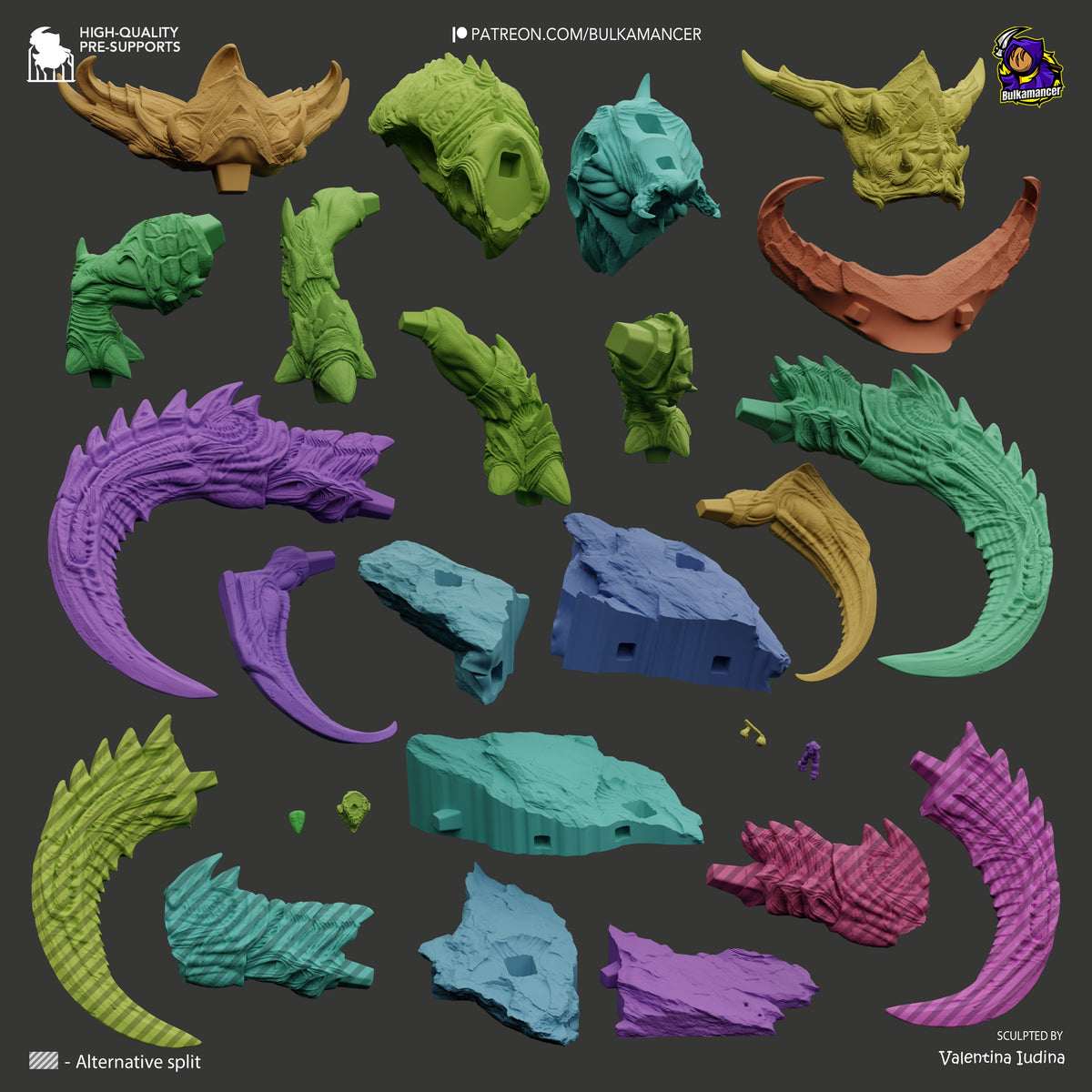 Ultralisk resin figure parts layout showing painted heads, claws, horns, and armor pieces in green, purple, cyan, gold, and red on gray background.