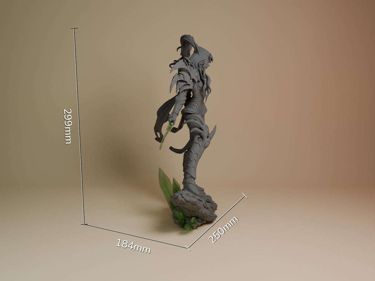 Valeera Sanguinar resin figure shown at scale with dimensions 299mm tall, 184mm deep, 250mm wide, posed dynamically on rocky base.
