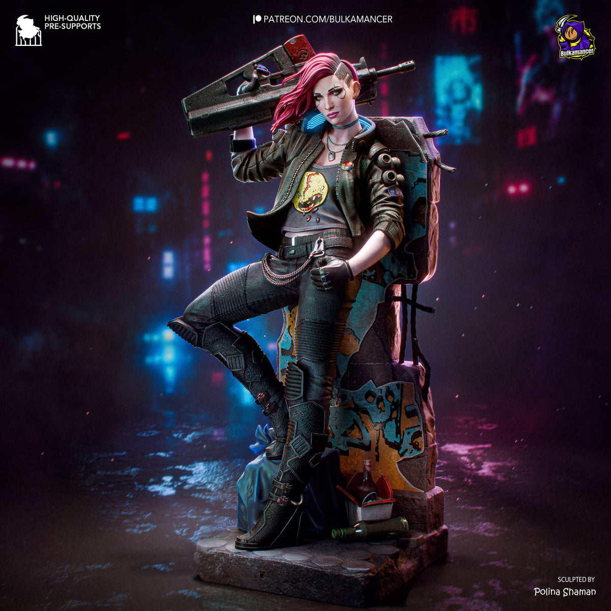 Valerie from Cyberpunk 2077 is a painted resin figure seated with a weapon on a graffiti base.