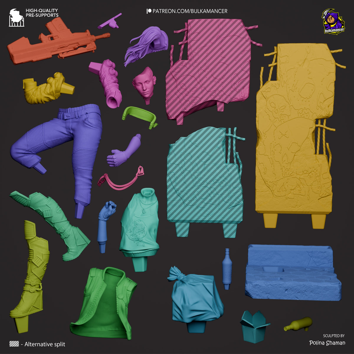 Valerie from Cyberpunk 2077 resin figure parts are shown from above, unpainted and separated.