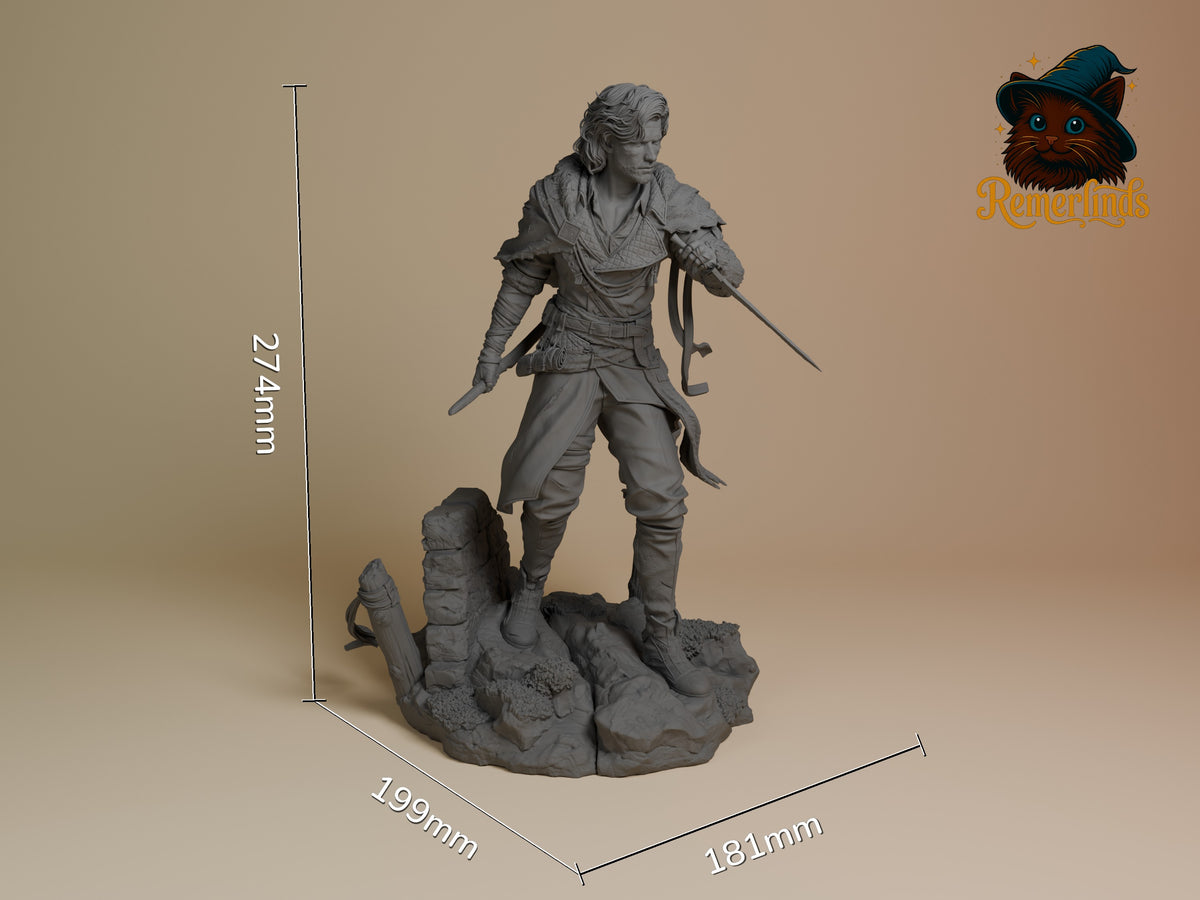 Verso from Expedition 33 is an unpainted resin figure posed with swords on a rocky base.