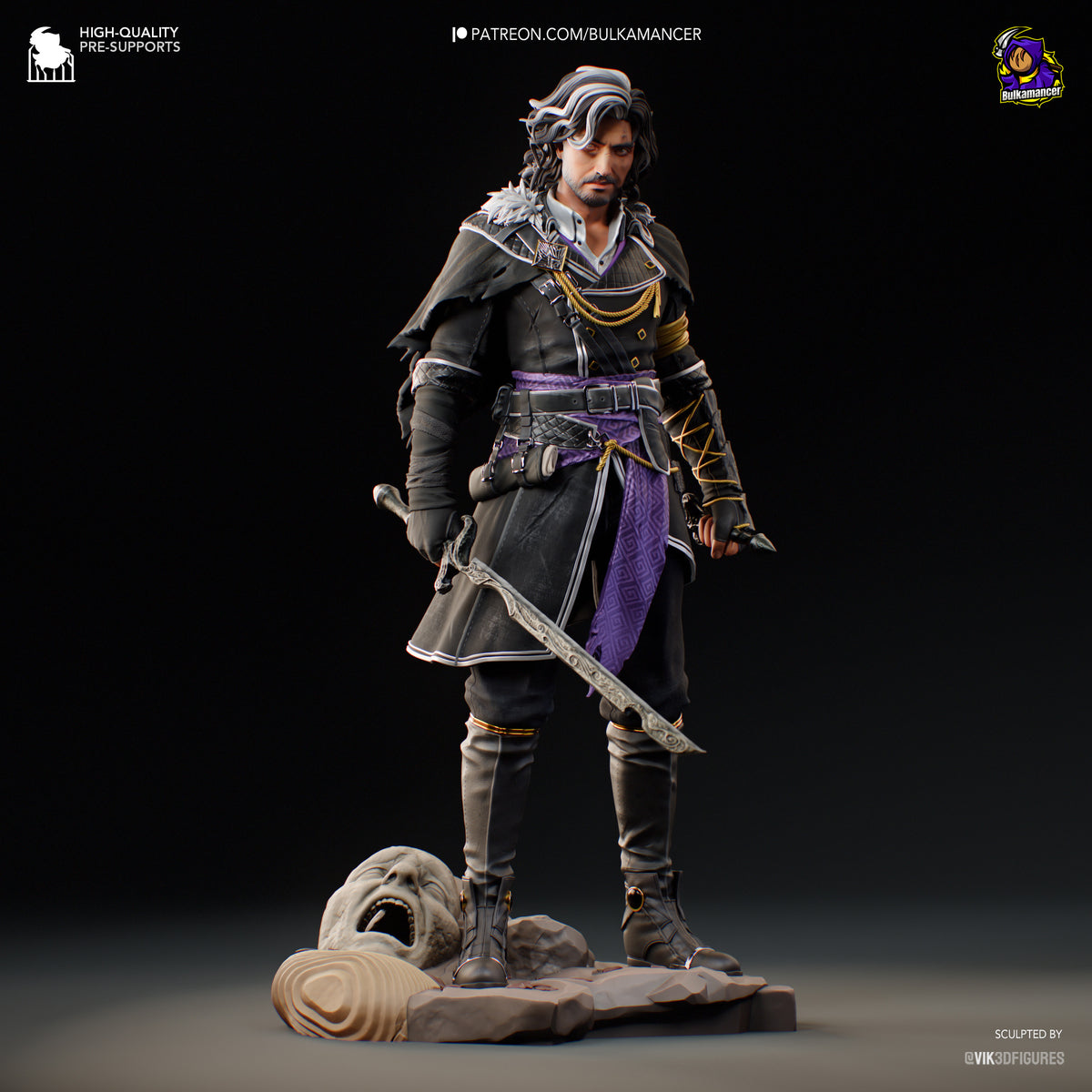 Verso from Expedition 33 resin figure in dynamic standing pose with sword, detailed paint work on black outfit with purple accents, skull base, front angle view.