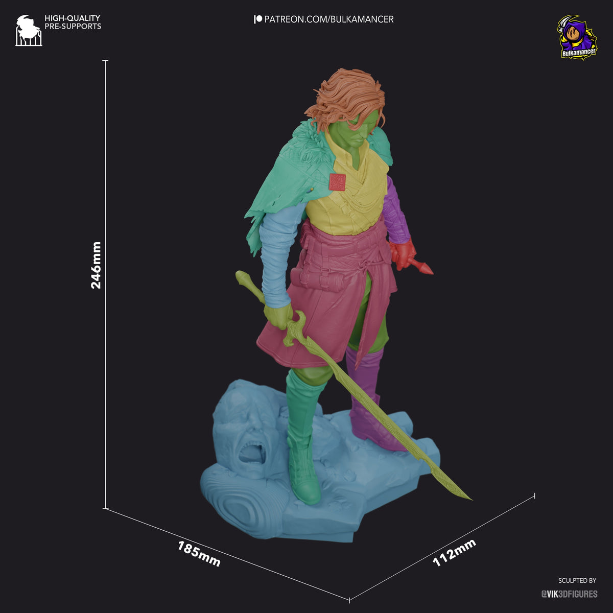 Verso resin figure from Expedition 33 shown at scale (246mm height), hand-painted in vibrant colors, standing on blue base with sword, sculpted by Vik3DFigures.