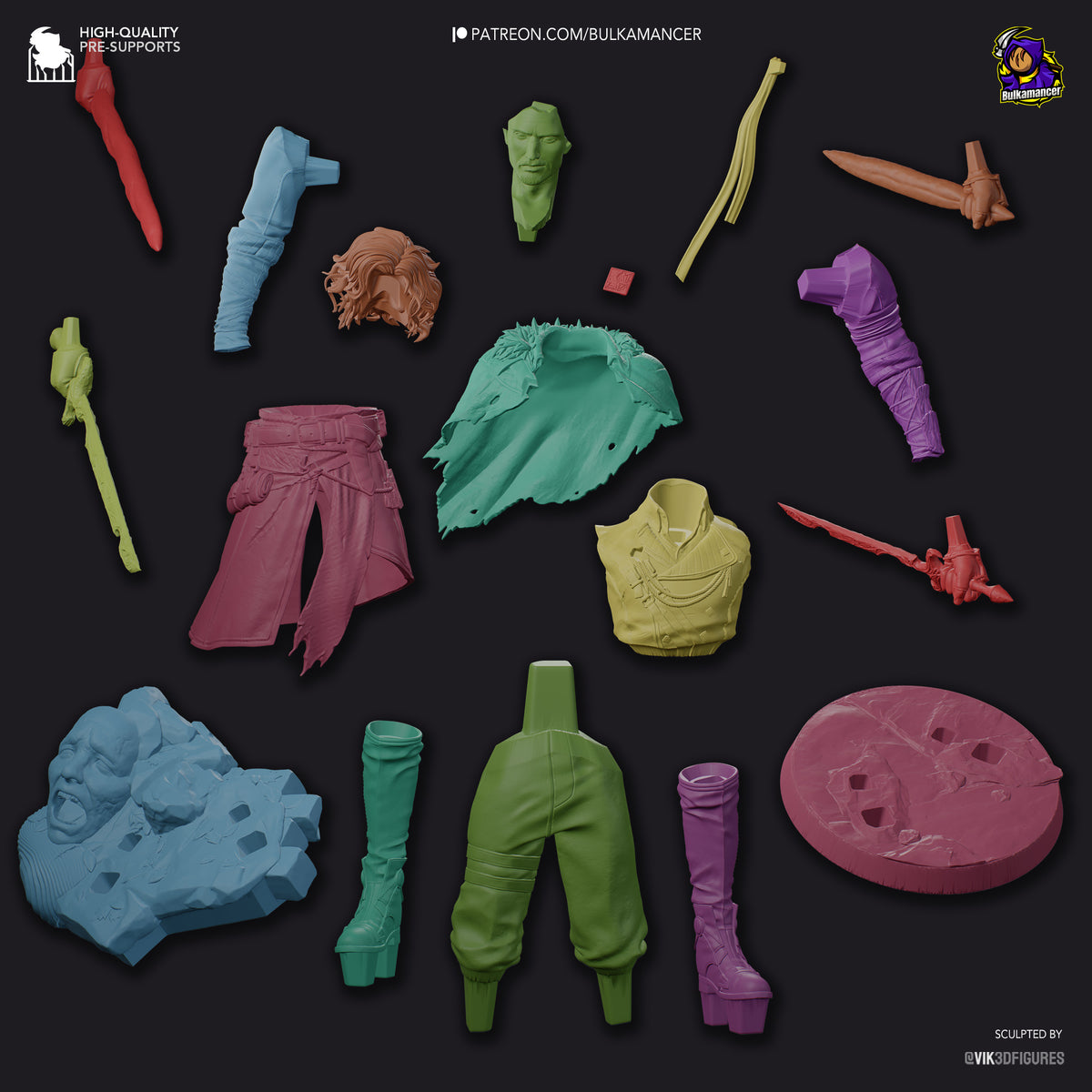 Verso resin figure parts layout from Expedition 33, showing colorful unpainted components including head, torso, limbs, accessories, and scenic bases arranged on dark background.
