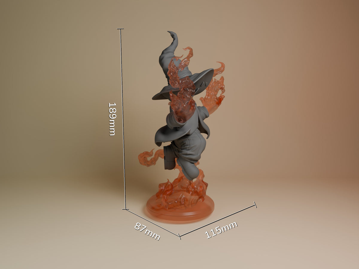 Vivi Ornitier resin figure from Final Fantasy shown at 189mm height with dimensional base, displaying painted gray robes and red magical effects against neutral background.