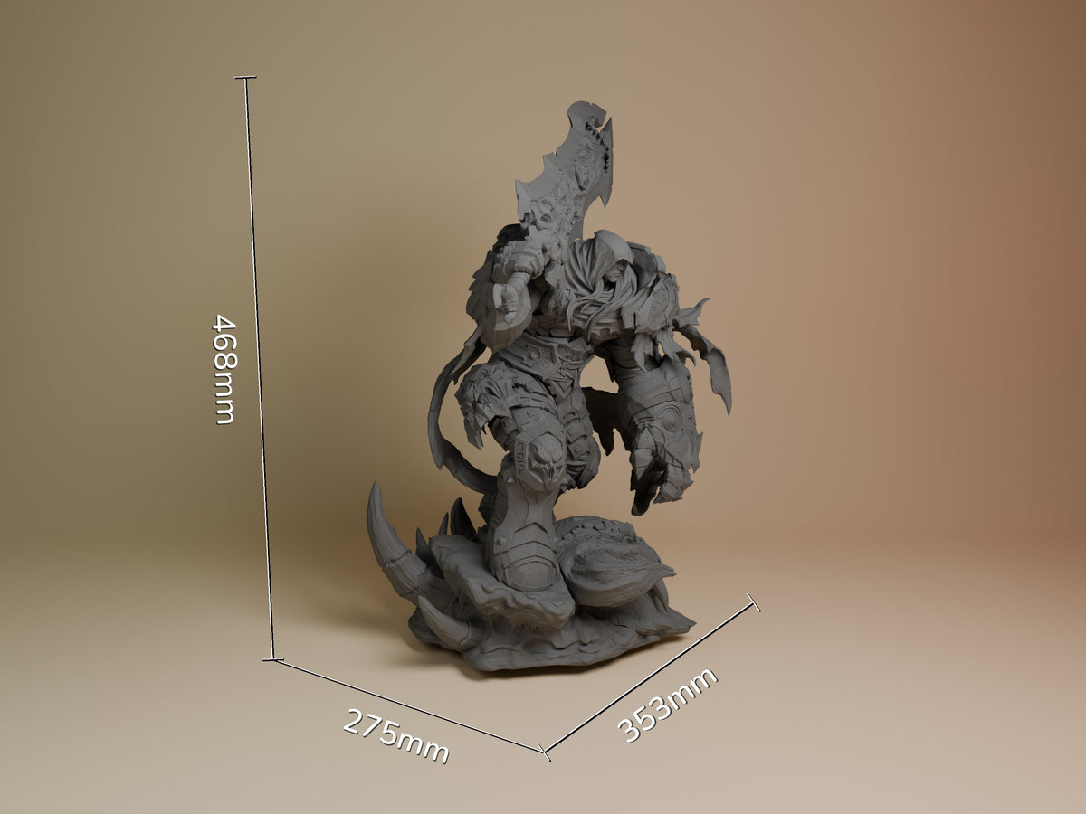 War from Darksiders resin figure shown at scale with dimensions 468mm height, 275mm width, 353mm depth, unpainted gray finish on detailed base.