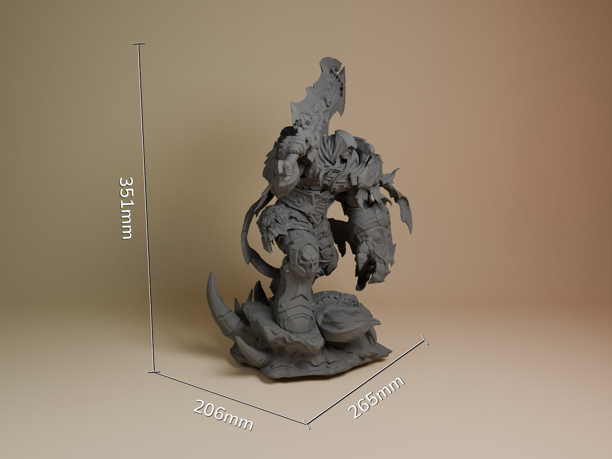 War from Darksiders resin figure shown at 251mm height with dimensional scale, unpainted gray finish, dynamic pose on organic base.